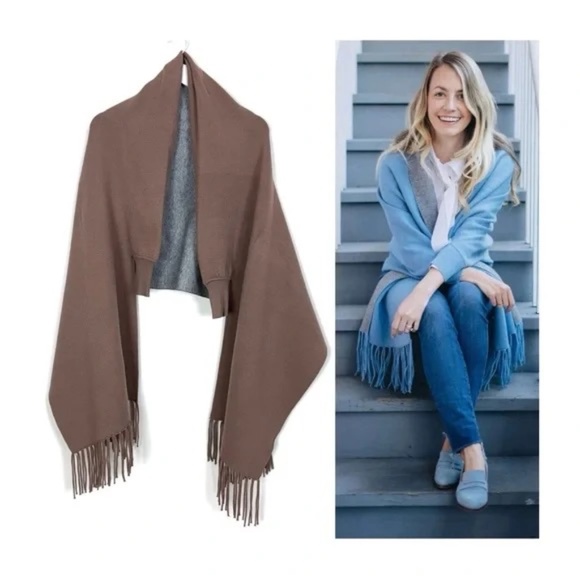 pretty persuasions black and gray reversible wrap poncho shawl rib cuffs - Picture 6 of 9